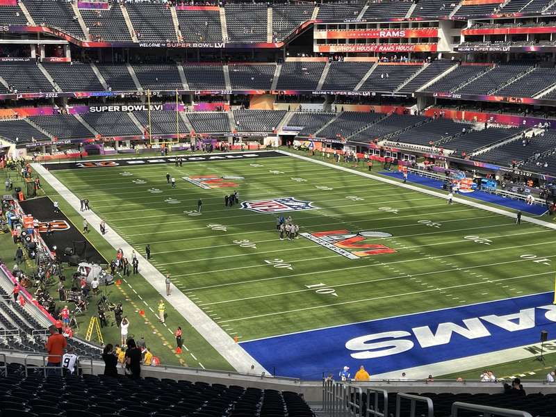 High angle of Super Bowl field, Bengals end zone