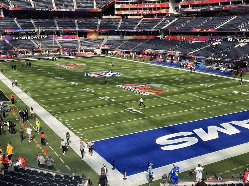 High angle of Super Bowl field, Rams end zone